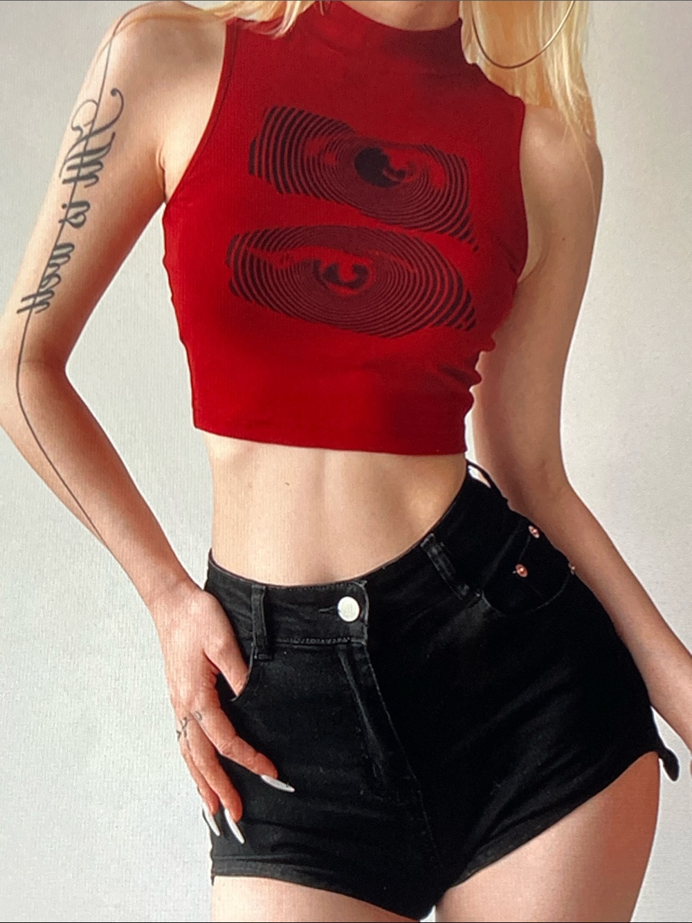 Mock Neck Red Graphic Crop Top by